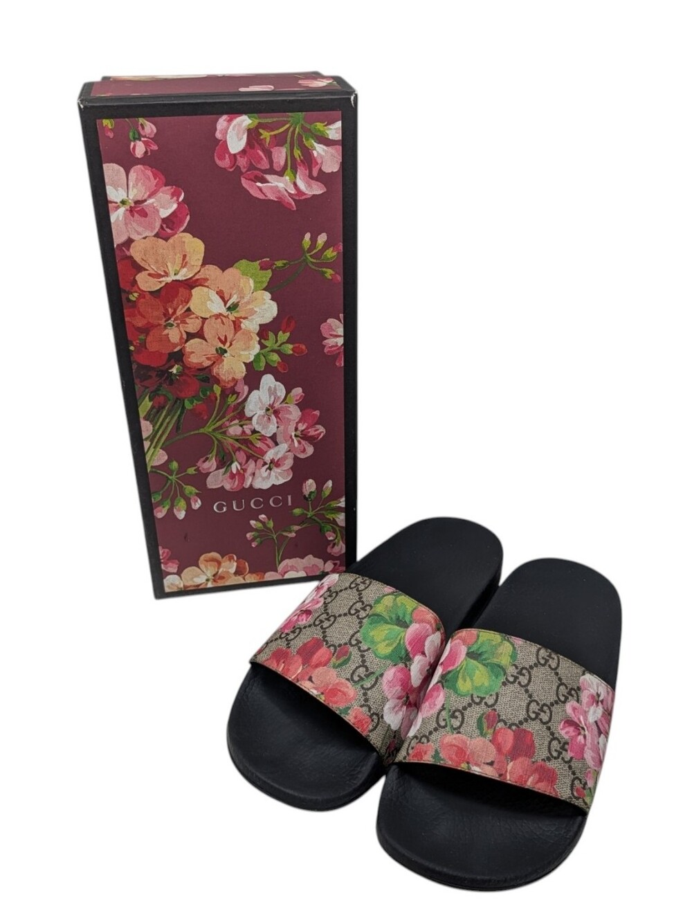 Gucci GG Web Supreme Bloom Pursuit Floral Slide Sandals Size EU 40